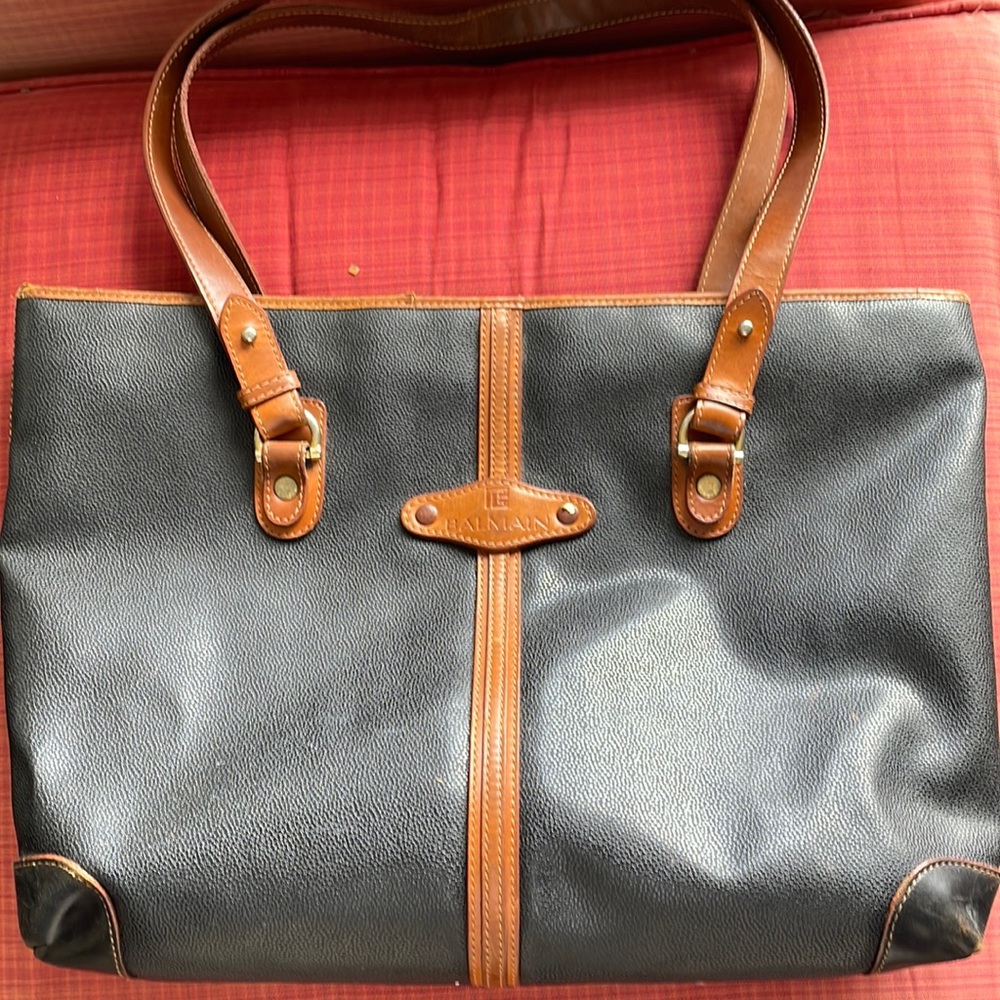 Vintage Balmain black leather tote, tan trim